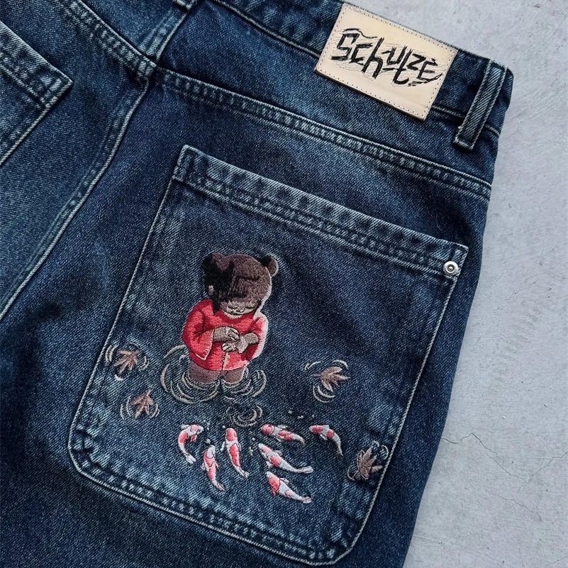 Hip Hop Cartoon Pattern Pocket Embroidery Denim Shorts Y2k Retro Baggy Dark Blue Jeans Short Men Women Street Skateboard Jorts 250827