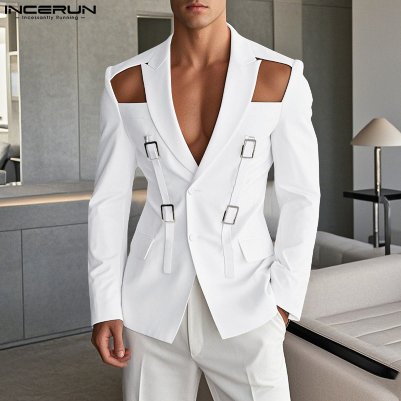 INCERUN Tops American Style Fashion Men Hollow Button n Suit Coat Casual Streetwear Solid Long Sleeved Lace Up Blazers 250827