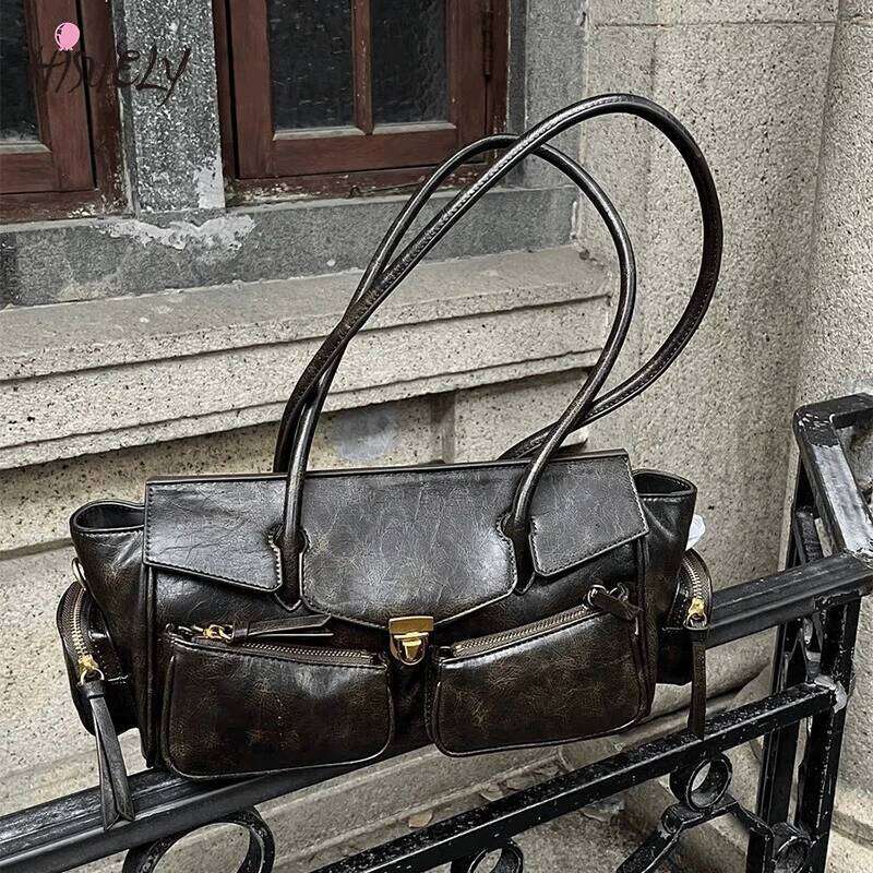 Vintage Underarm Bags For Women Versatile Multi-Pocket Motorcycle Girl Designer Handbag Spaghetti Strap Leather Bag