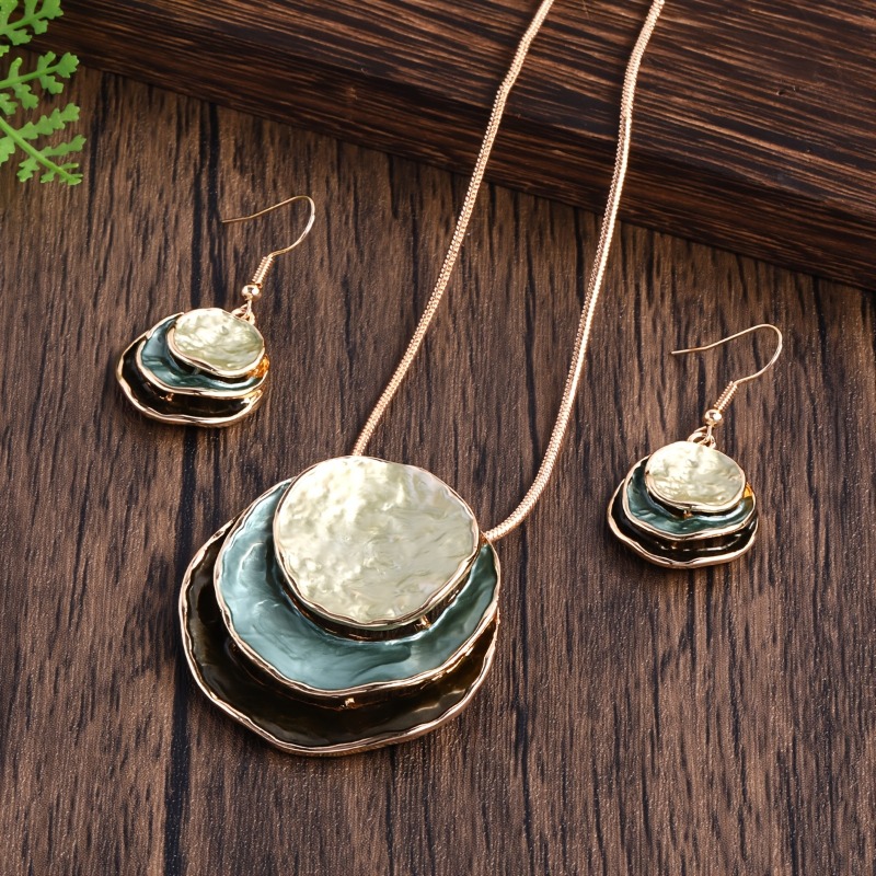 2025 necklace retro elegant casual fashion thin coating dripping oil simple enamel zinc alloy three-layer round pendant decorative jewelry set