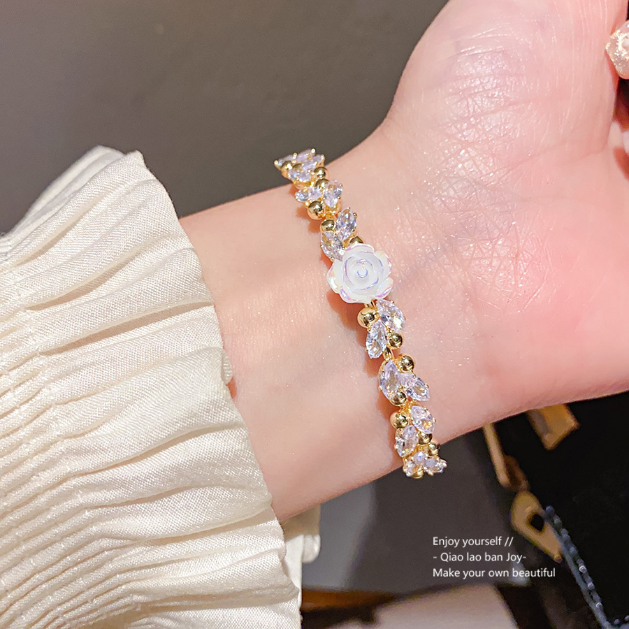 Gold - Toned Floral Cuff Bracelet, CZ - Sparkled Leaves, White Resin Rose, Romantic - Dainty Vibe for Daily or Elegant Looks, Graceful Jewelry Accesso