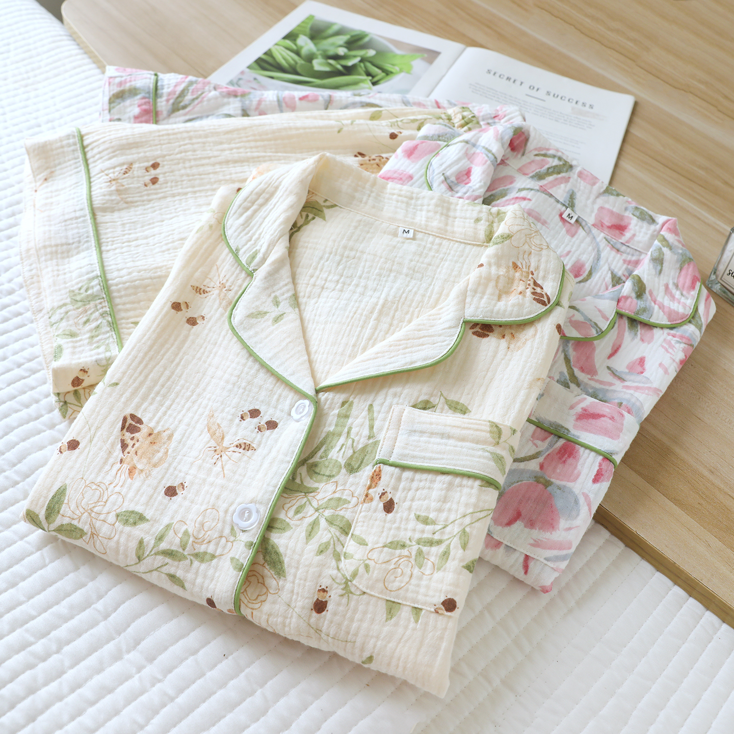 New summer gauze sleepwear set, women's short sleeved shorts, casual two-piece set, summer cotton yarn crepe fabric home wear