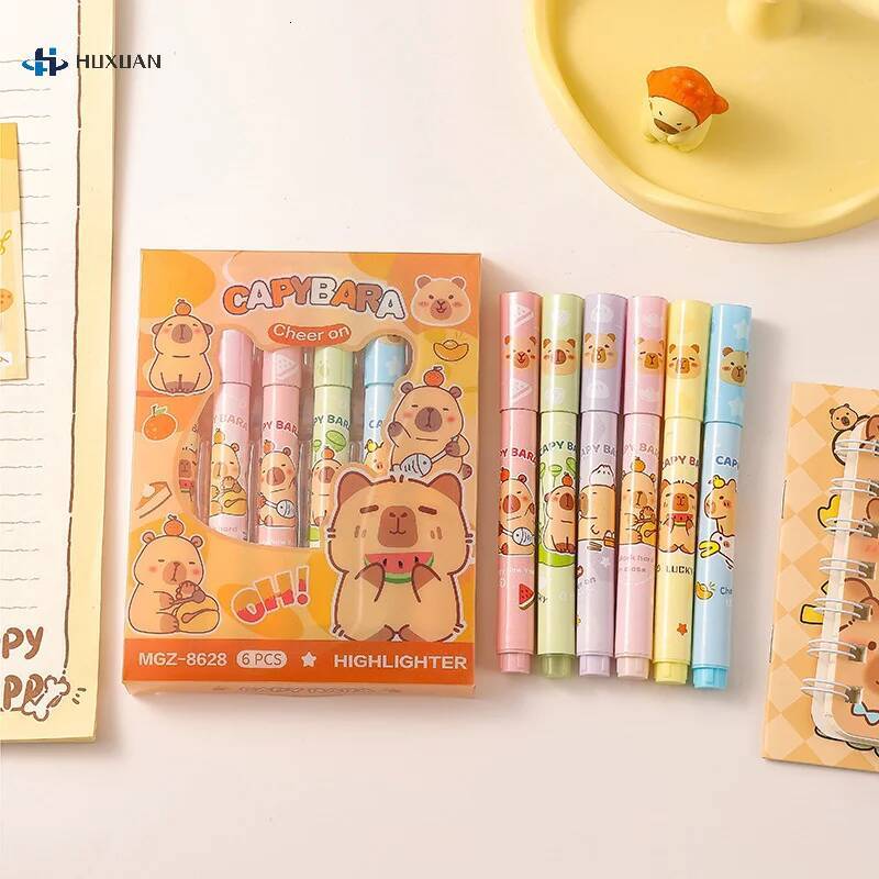 6Pcs/Set Cute Cartoon Capybara Highlighter Writing Smooth Quick-Drying Pen