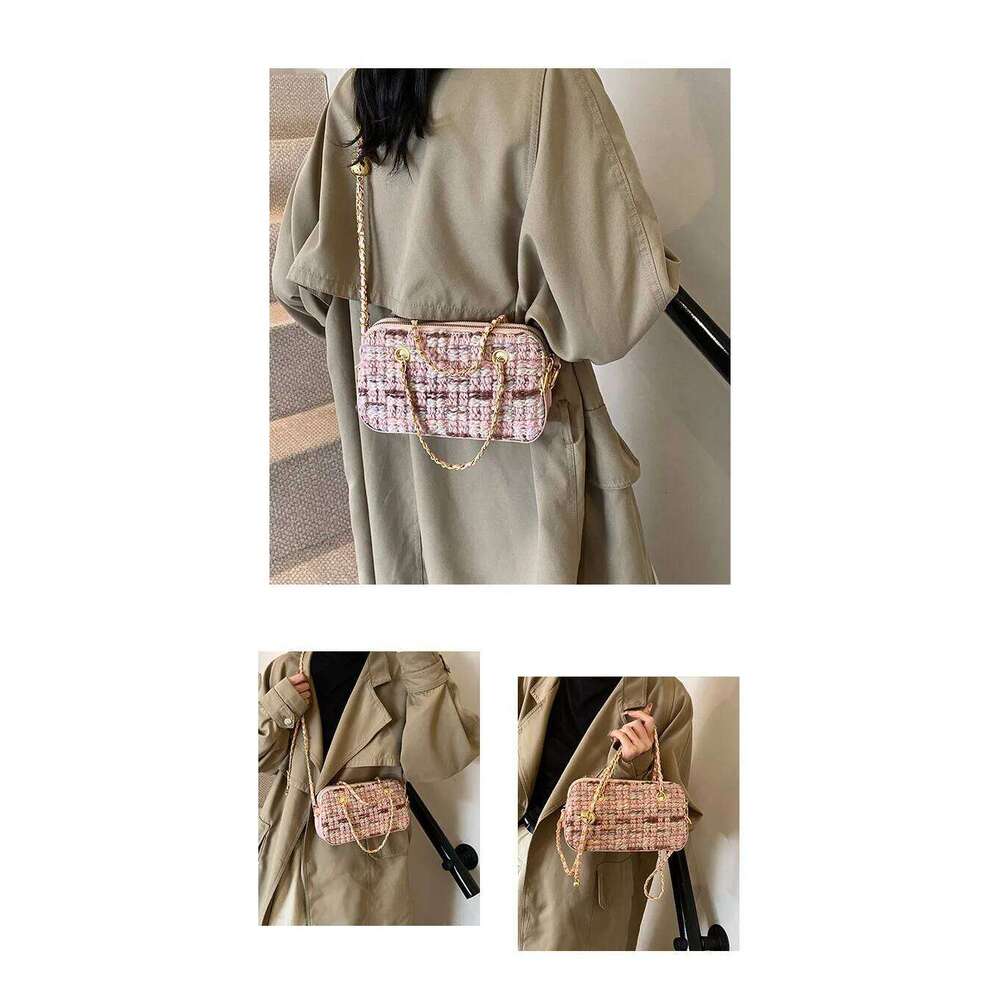 Women Brand Wool Weave Crossbody Casual Chain Box Messenger Shoulder Bag 2024 Winter New Trending