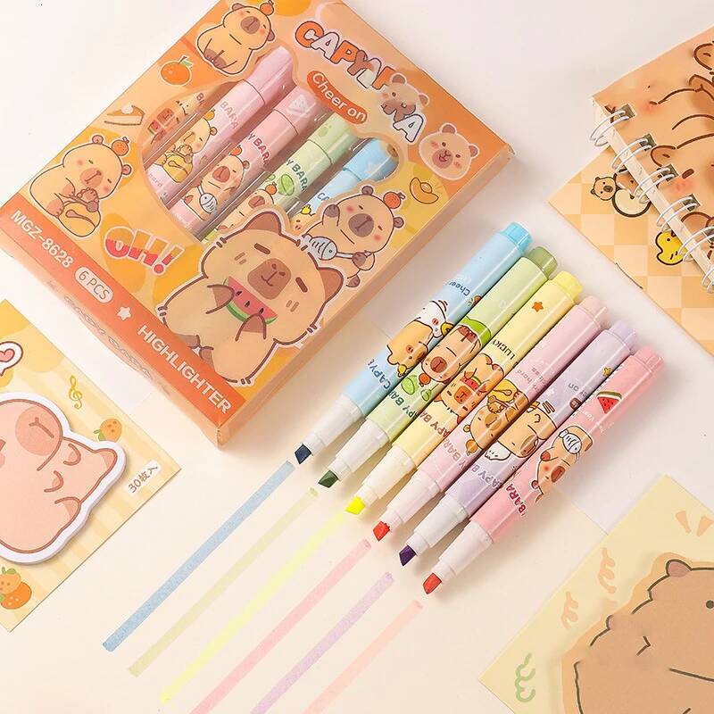6Pcs/Set Cute Cartoon Capybara Highlighter Writing Smooth Quick-Drying Pen