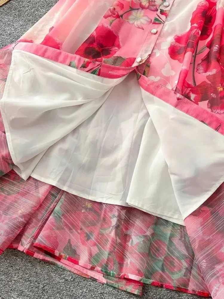 Spring Summer Holiday Gorgeous Flower Organza Dress Womens Notched Long Lantern Sleeve Pearls Belt Boho Floor Length Robe 250827