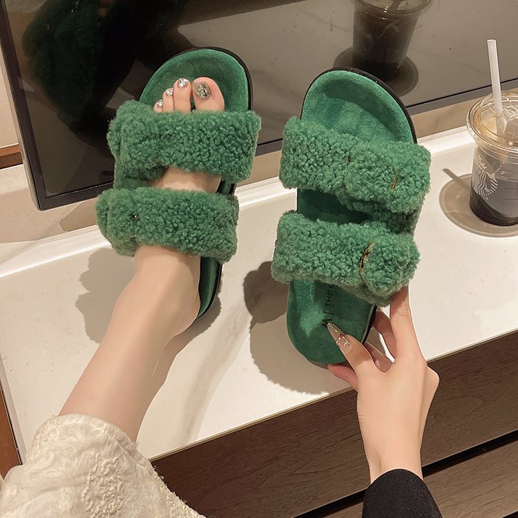 Hot free shipping desiger slippers for womens flat slippers green black beige grey brown Velvet toe wrapped slippers