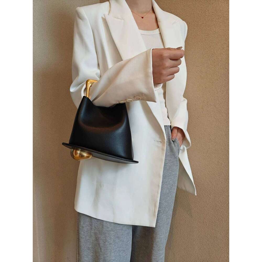 New Stylish High-End Bucket Tote Beige Color Plain Satin Cow Leather Women Handbag Metal Handle Female Crossbody Bag Small