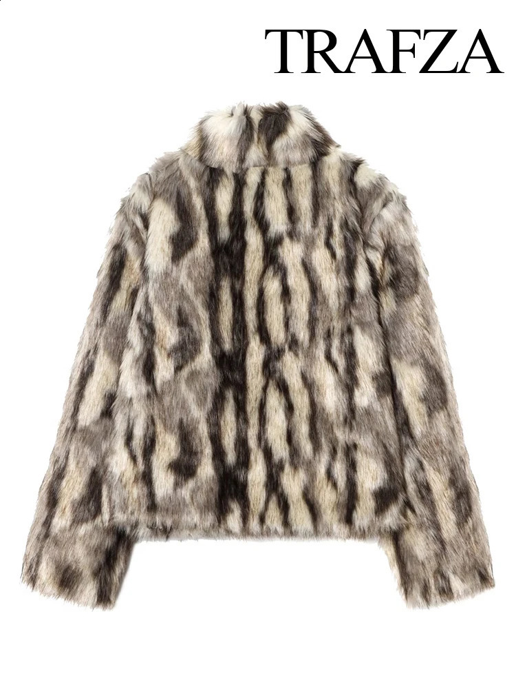 TRAFZA Women Winter Fashion Multicolor Faux Fur Effect Casual Coat Woman Elegant Long Sleeves Button Warm Short Jacket Mujer 250827