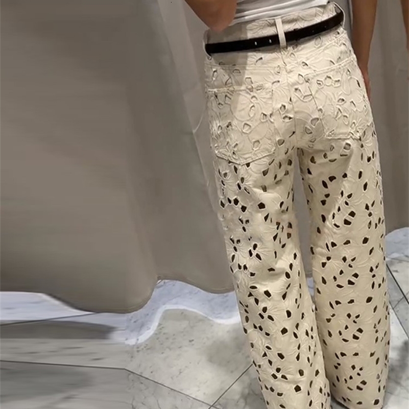 Hole White High Waist Womens Jean Fashion Flower Hollow Out Loose Female Denim Trousers 2025 Summer Autumn Streetwear Jeans Z260313