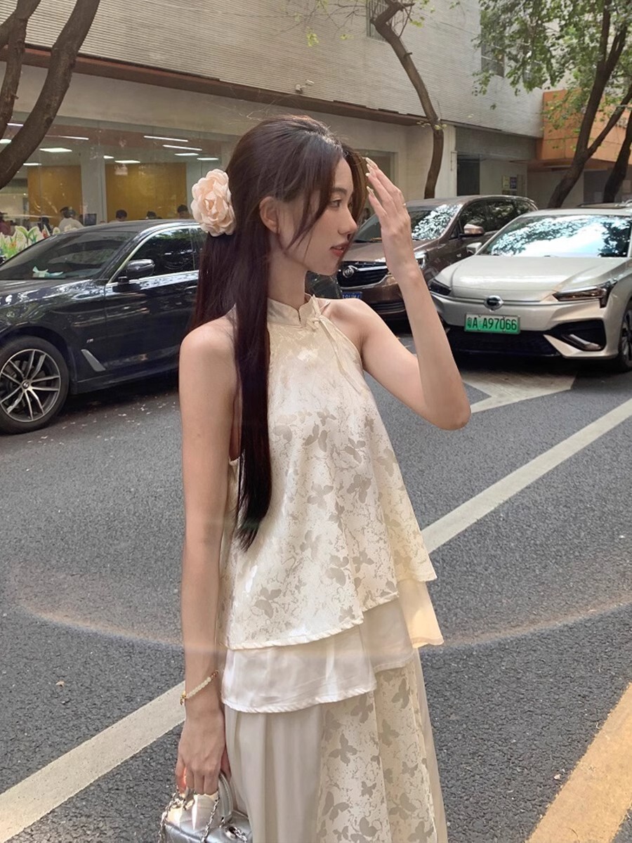 New Chinese Style National Style Cheongsam Cool Zen Style Outfit Set Halter Neck Top Half Skirt Set for Women Summer
