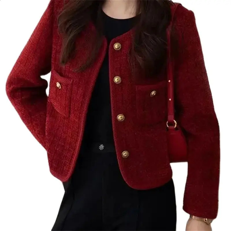 Womens Jacket 2024 Spring Autumn Red Tweed Small Fragrance Coat Short Blazers Korean Fashion Elegant Female Tops Outerwear 250827