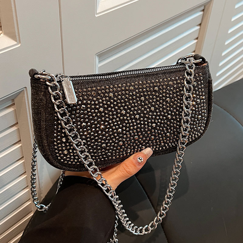 Autumn New Women s Shoulder Bag Fashion New Spicy Girl Rhinestone Decoration Denim Armpit Bag Niche Design Chain Women s Crossbody Bag Autumn New Desi