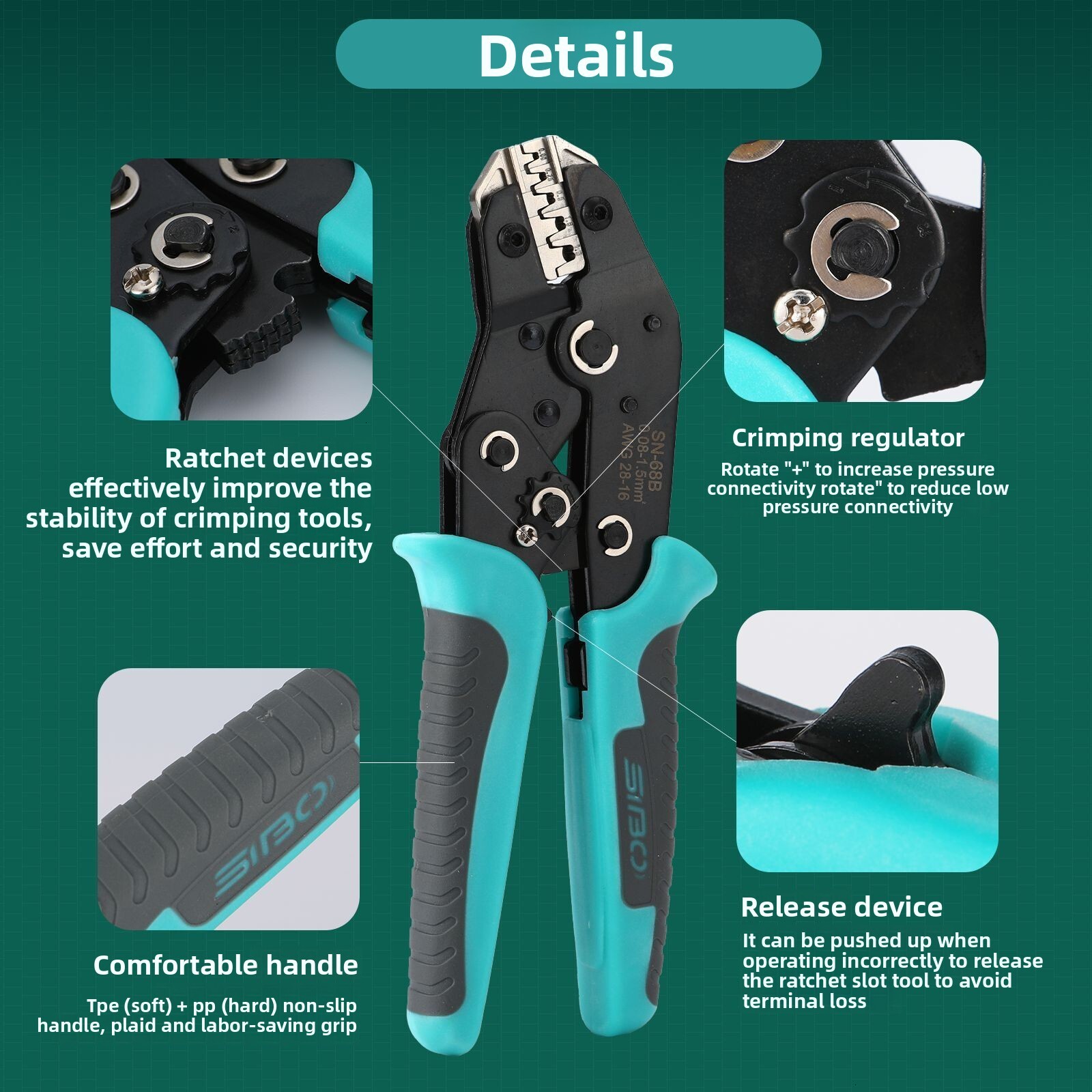 SN68B Automotive Wire Harness Power Terminal Cold Press Tube Type Crimping Ratchet Labor-saving Electrician Manual Pliers