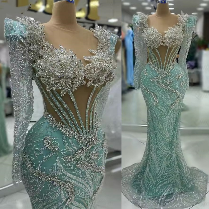 Sage Mermaid Prom Dresses 2025 Crystals Sheer Neck Sequined Sparkly Evening Formal Party Second Birthday Engagement Gowns Plus Size Dress For Special 