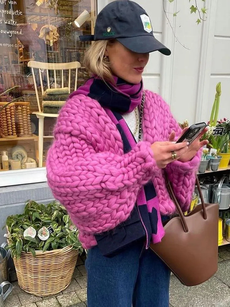 Casual Knitted Cardigan Women Solid Vneck Crochet Twist Sweater Long Sleeve Loose Outcoat Autumn Winter Thicken Tops Lady 250828