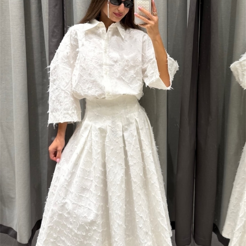 Two Piece Set Of Fringed Texture Shirt Top ALine Skirt Women Silhouette Blouse Baggy Cinched Waist Pleated Long Skirts Suit 250827