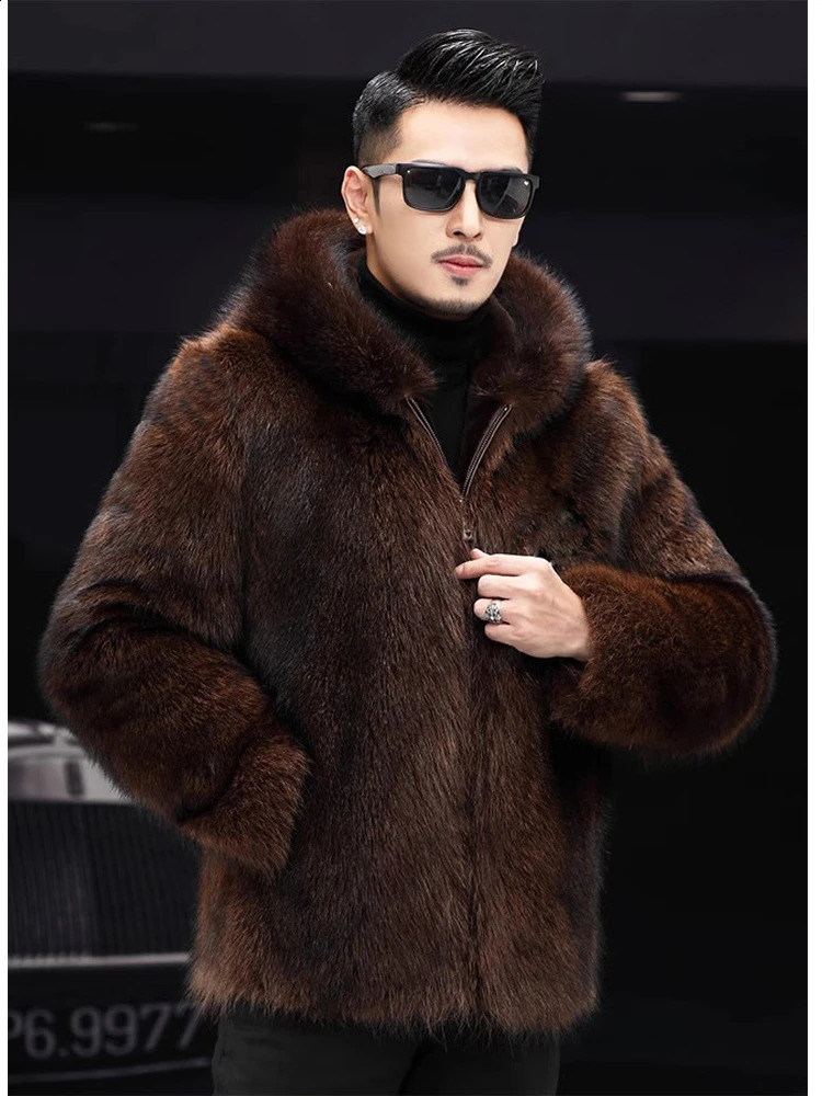 Coffee Fluffy Fur Coat 2024 Winter Warm Faux Men Zipper Hooded Thicken Jacket Furry Outerwear Large Size 250827