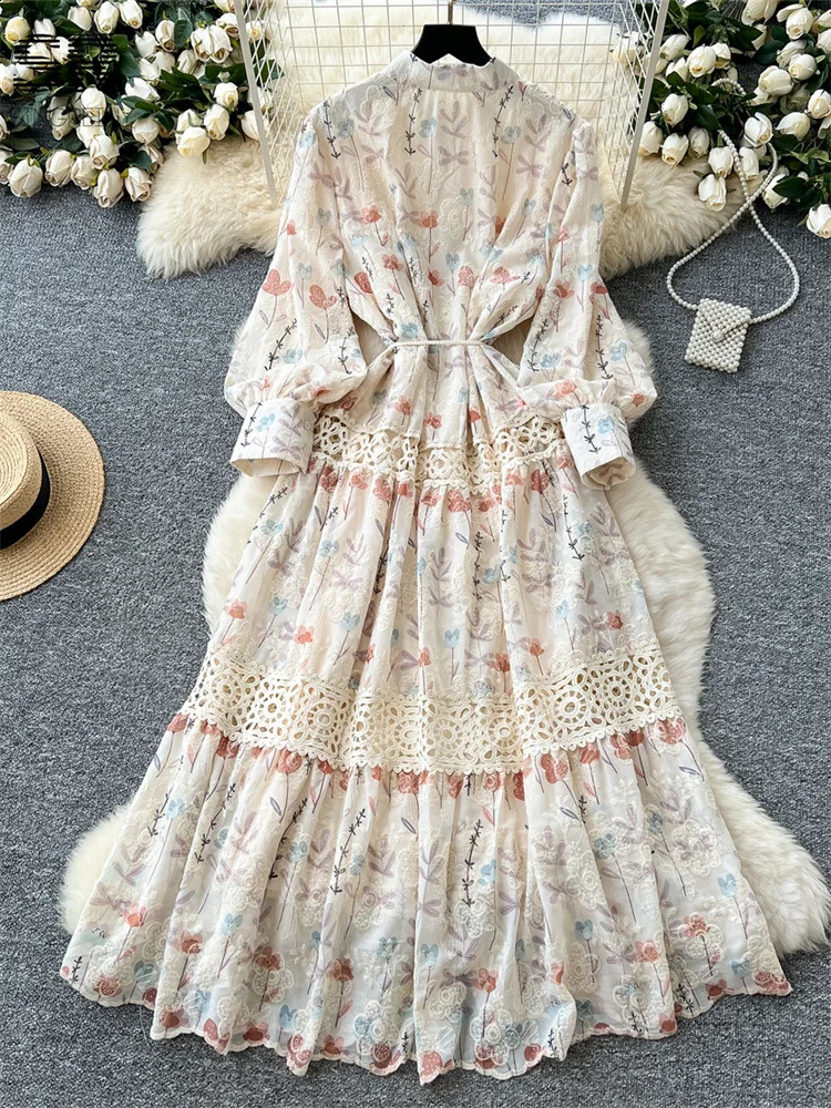 SINGREINY Senior Floral Long Dresses Women Lantern Sleeve O Neck Lace Up Single Breasted High Quality Court Print Dress 250827