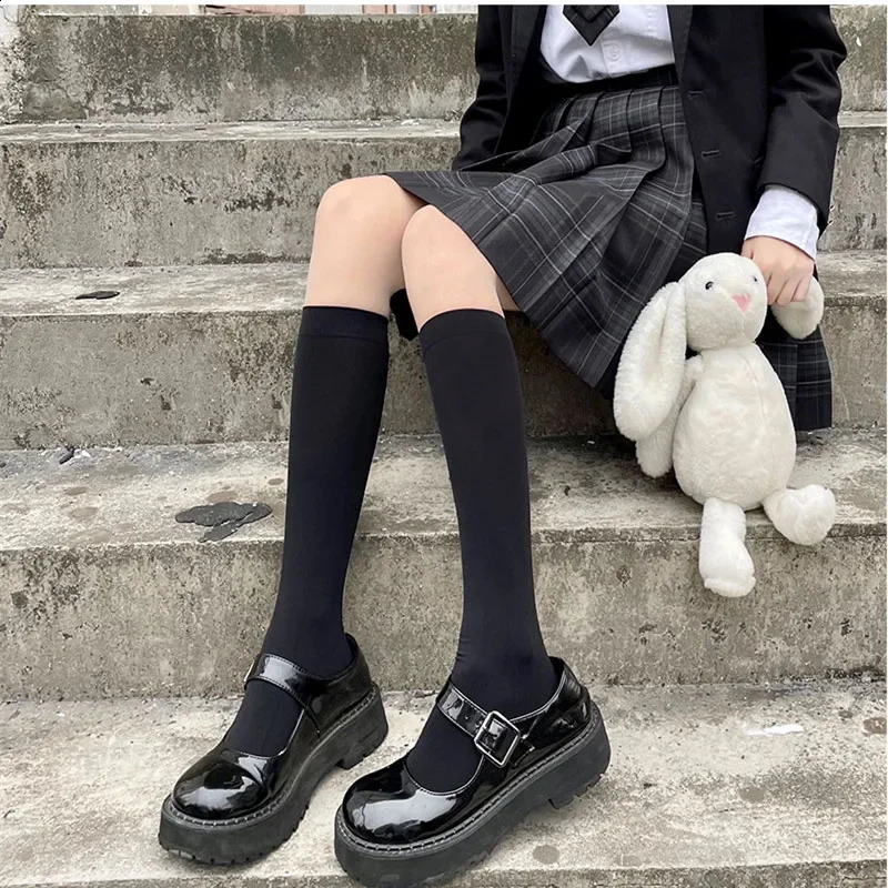 Solid Color Black White Long Socks Stockings JK Japan Style School Thigh High Stockings Lolita Kawaii Cute Knee High Socks 250827