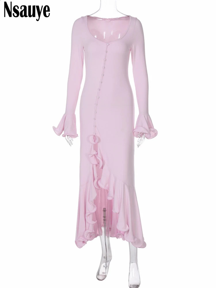 Nsauye Ruffles Long Sleeve Fashion Elegant Sexy White Women High Split Dress Night Club Evening Party Button Autumn Dress 250827