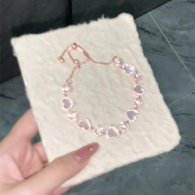 Rose - Gold - Toned Bracelet, Heart - Shaped Mother - of - Pearl & Flower - Embellished CZ Details, Romantic Charm for Daily or Elegant Styles, Adjust