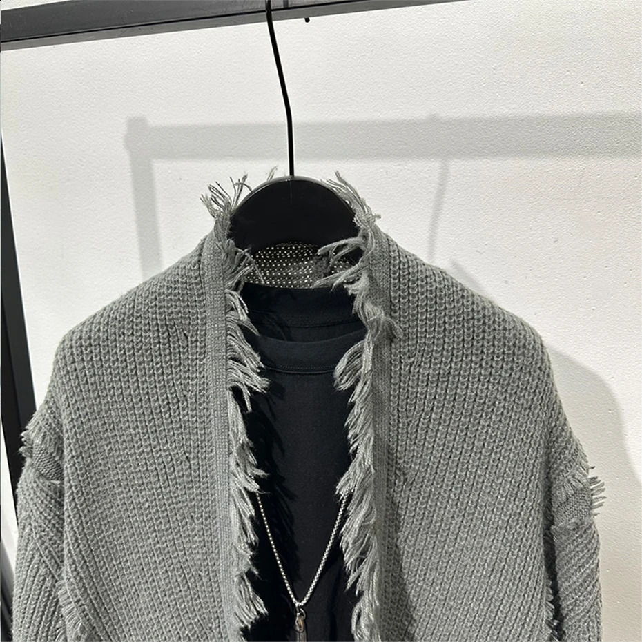 Vintage Raw Edge Knitted Sweater Kimono Cardigans Men Japan Style Streetwear Loose Casual Sweaters Coat Knitwear Jacket 250827