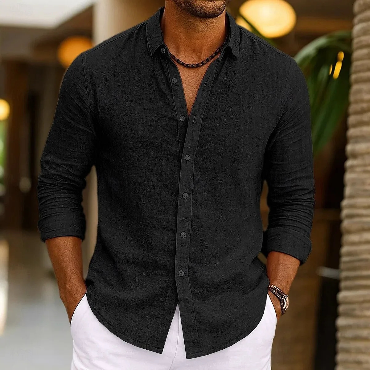 Mens Linen Shirt Summer Beachwear Button Solid Color Cotton Linen Long Sleeve Shirt Vacation Mens Clothing Fast 250827