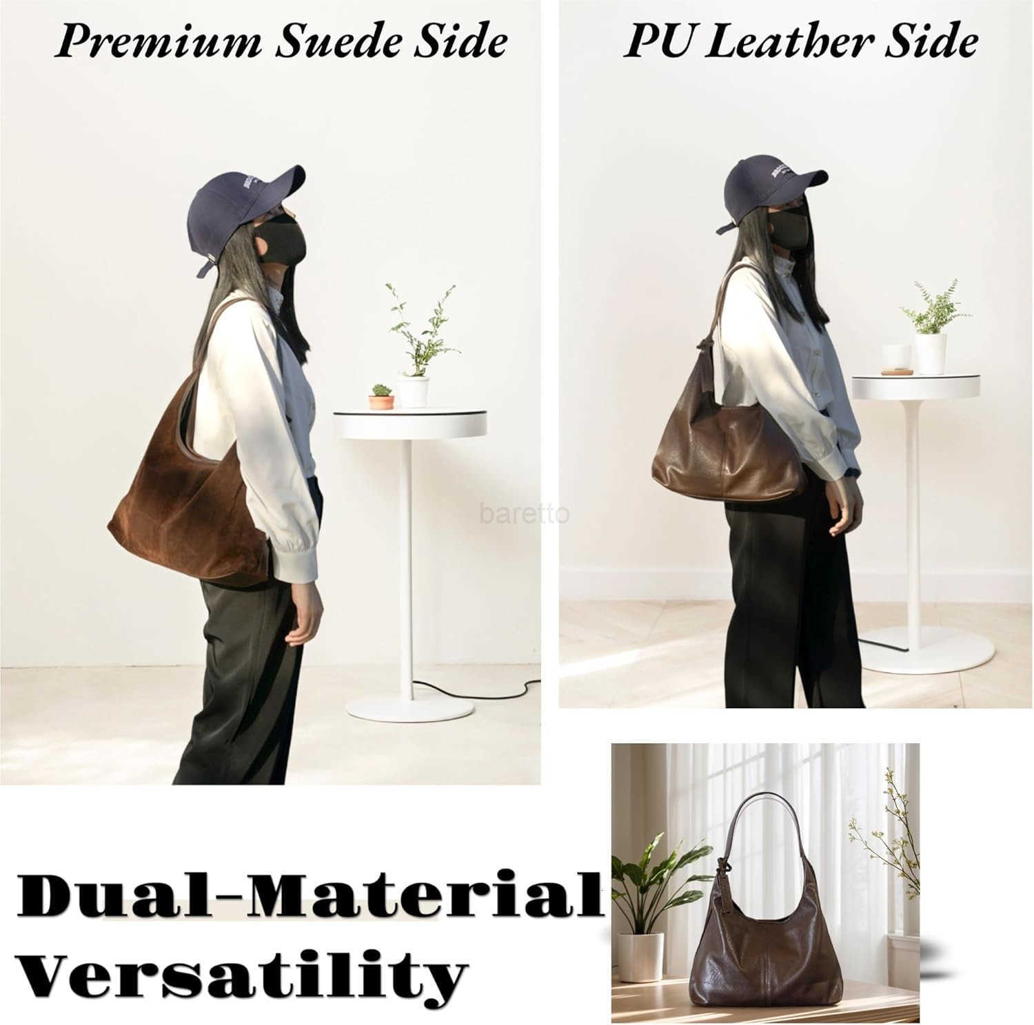 ather and Suede Tote Bag Shoulder Bag for Women Large Capacity Hobo Bag with Interior Pockets M250828