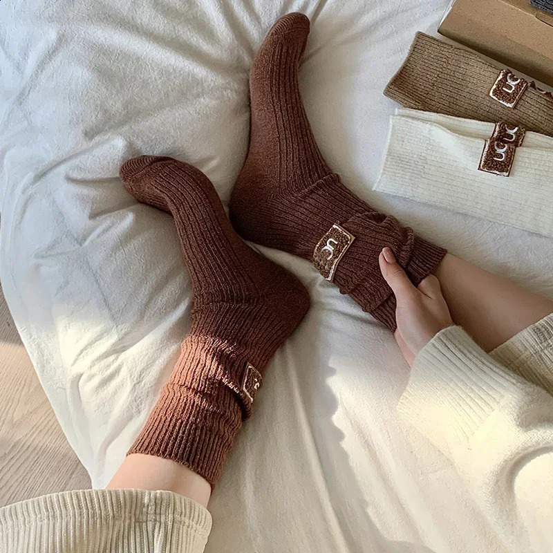 3 Pairs Winter Socks Womens Wool Cashmere Solid Warm Thickened Pile Socks Embroidered MidCalf Socks Casual Snow Boot Sock 250827