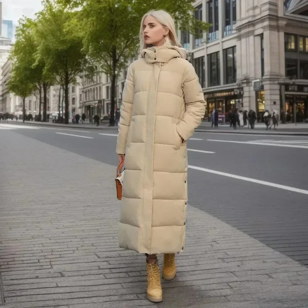 Cotton Coat Long Parka Jacket Women 2024 Autumn Winter Thick Warm Coats Woven Block Trend Hooded White Down Parkas 250827