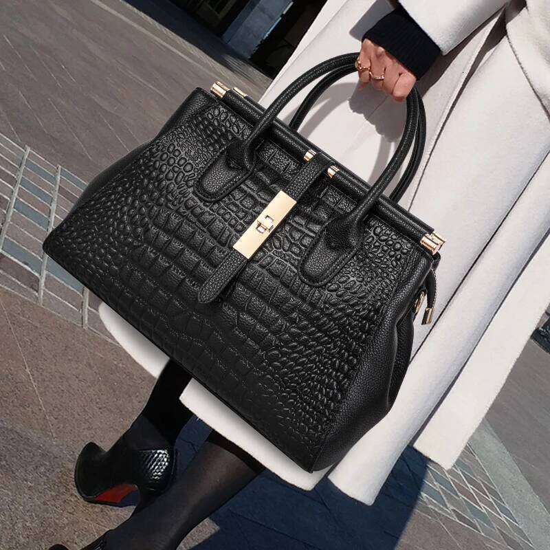 Aidrani Trendy Women's Handbag With Crocodile Pattern On The Surface Black Cowhide Large Bag