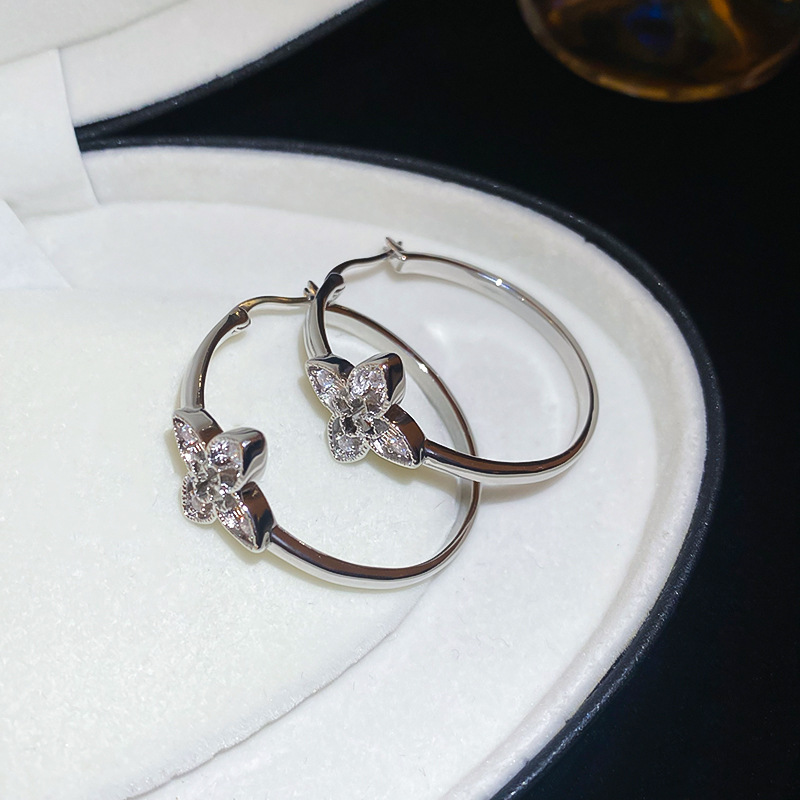 Silver - Toned Floral Hoop Earrings, CZ - Encrusted Flower Detail, Elegant Radiance for Daily or Polished Looks, Graceful Jewelry Accessory