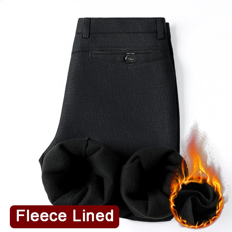 Mens Fleece Lined Suit Pants Business Casual Loose Straight Black Formal Dress Navy Blue Thick Warm Trousers 251023