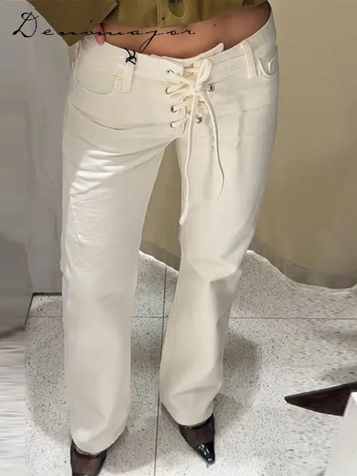 Drawstring Lace Up Jeans Women Loose White Pockets Low Waist Straight Long Pants 2025 Casual Fashion Lady Streetwears Z260313
