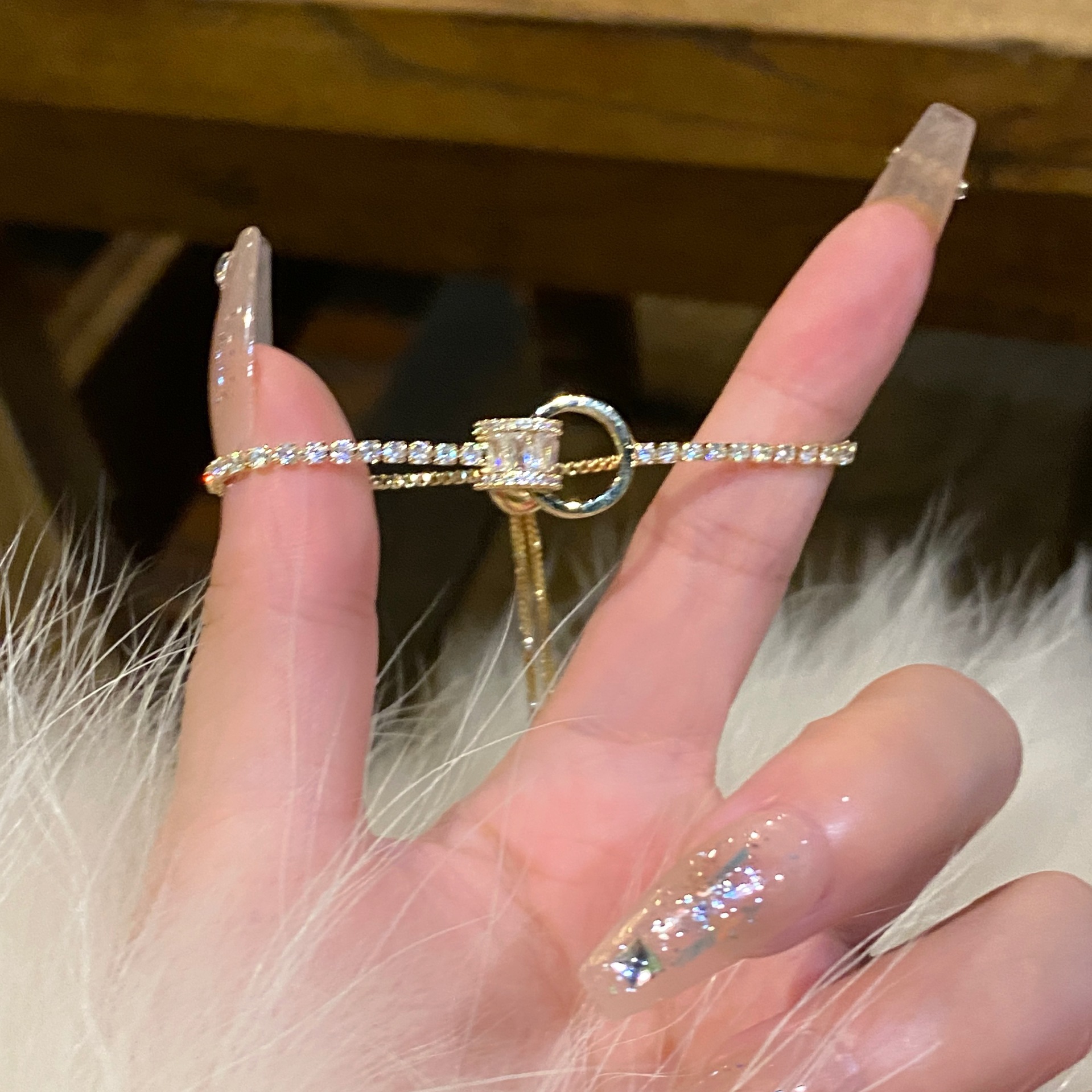 Gold - Toned CZ - Encrusted Bracelet, Square - Cut Stone & Ring Accent, Sleek Glam for Daily or Evening Styles, Chic Jewelry Accessory