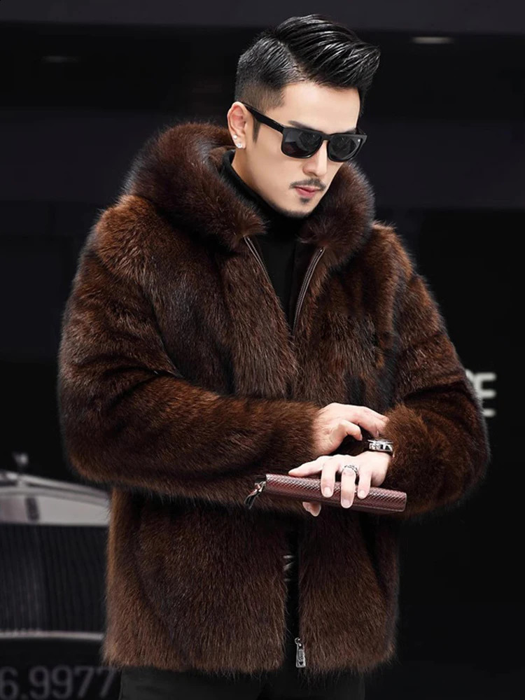 Coffee Fluffy Fur Coat 2024 Winter Warm Faux Men Zipper Hooded Thicken Jacket Furry Outerwear Large Size 250827