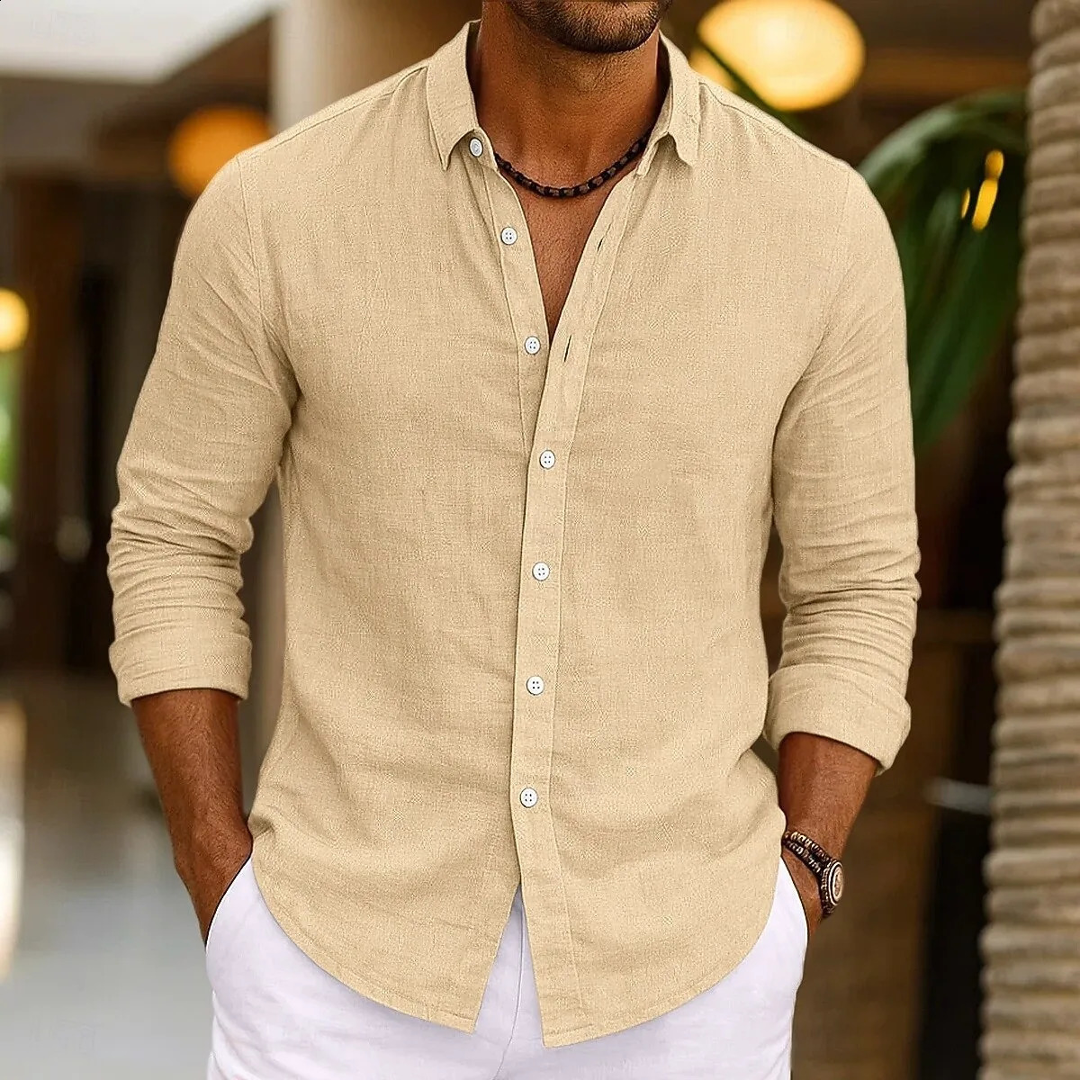Mens Linen Shirt Summer Beachwear Button Solid Color Cotton Linen Long Sleeve Shirt Vacation Mens Clothing Fast 250827