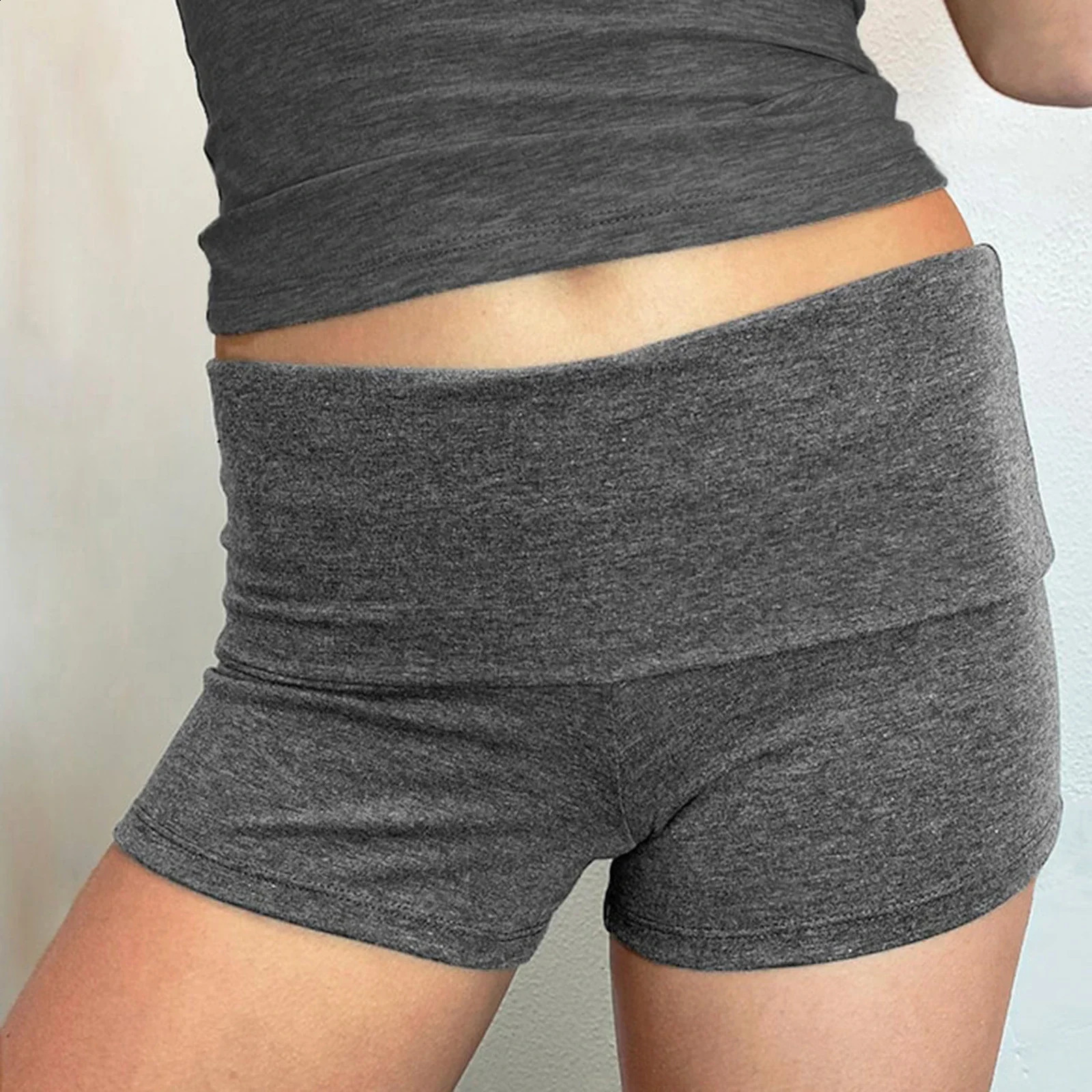 Summer Slim Yoga Shorts Women Casual Solid Color Fold Over Low Waist Lounge 250828