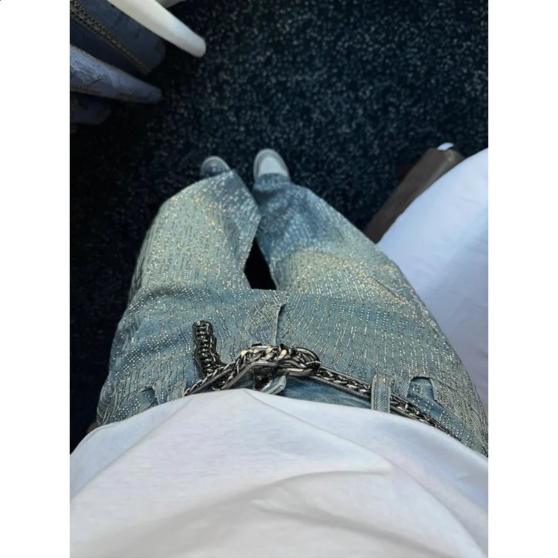 Glitter Rhinestone Baggy Jeans Women Summer Vintage Wash High Waist Straight Wide Leg Pants Nightclub Festival Y2k Clothes 250827