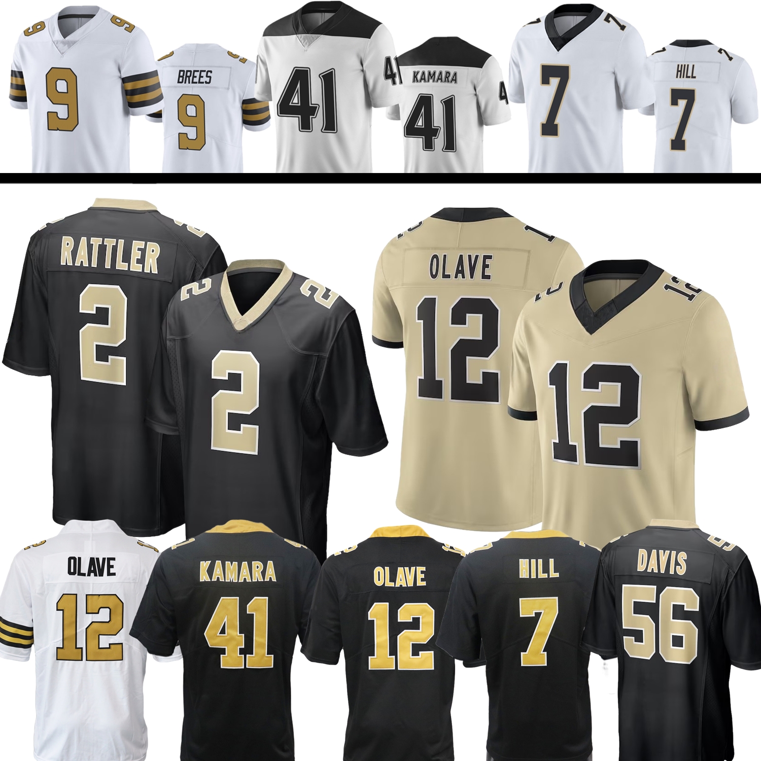 Custom Football Jersey Spencer Rattler Chris Olave Alvin Kamara Drew Brees Taysom Hill Demario Davis Shaheed Miller Akers HaenerCooks Johnson Moreau Blackmon
