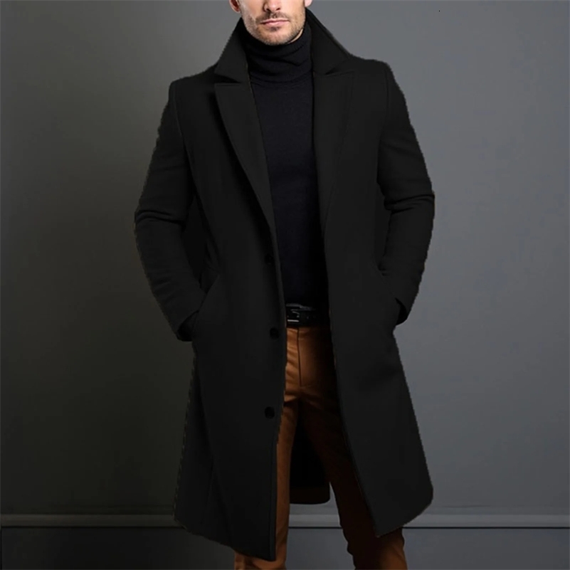 Warm And Comfortable Black Trench Coat For Men Long Sleeve Single Breasted Overcoat Perfect For Fall And Winter 250827