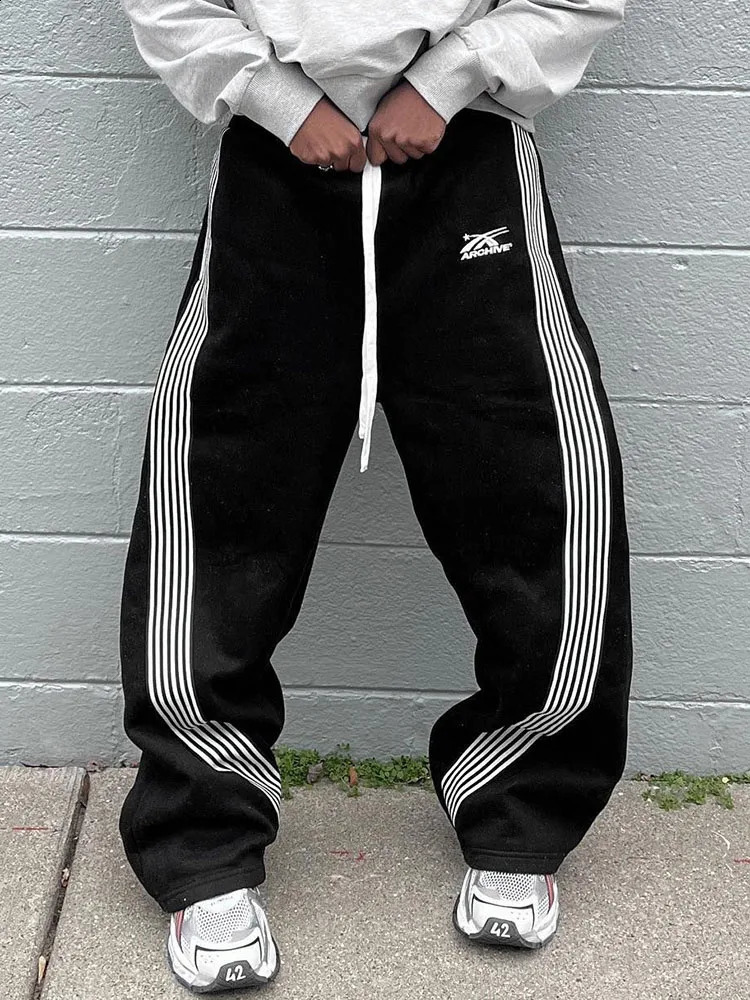 Hip Hop Embroidered Harem Pants Women Mens Jogging Drawstring Sweatpants Striped Tactical High Street Loose Wide Leg Trousers 250828