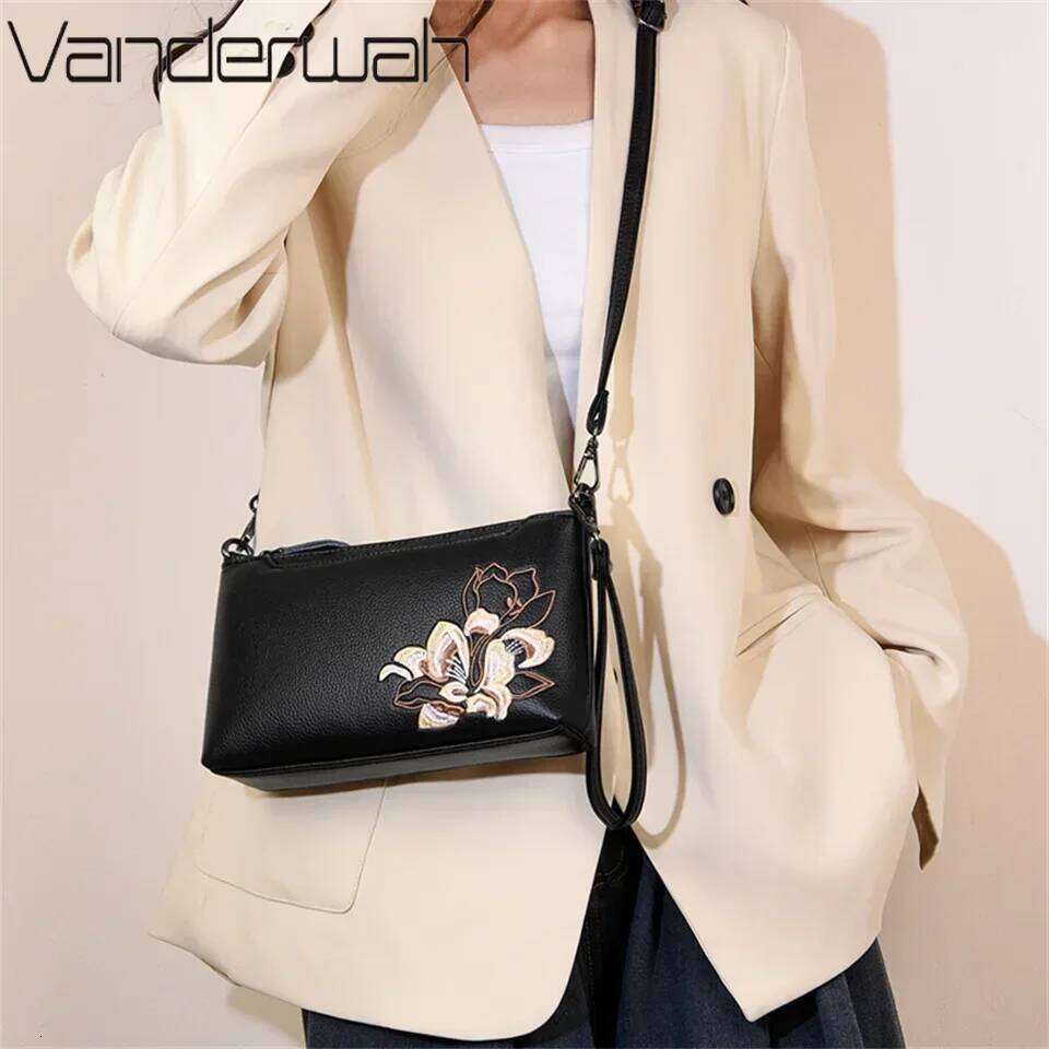 Elegant Black Leather Crossbody With Floral Embroidery Compact Versatile Shoulder Bag For Women Blend Of Style And Function