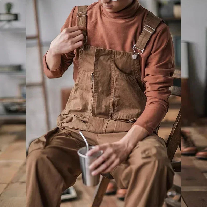 Retro American Cotton Overalls Bibs Loose Washing Jumpsuit Mens Suspenders Four Seasons Full Length Baggy Pants 250827