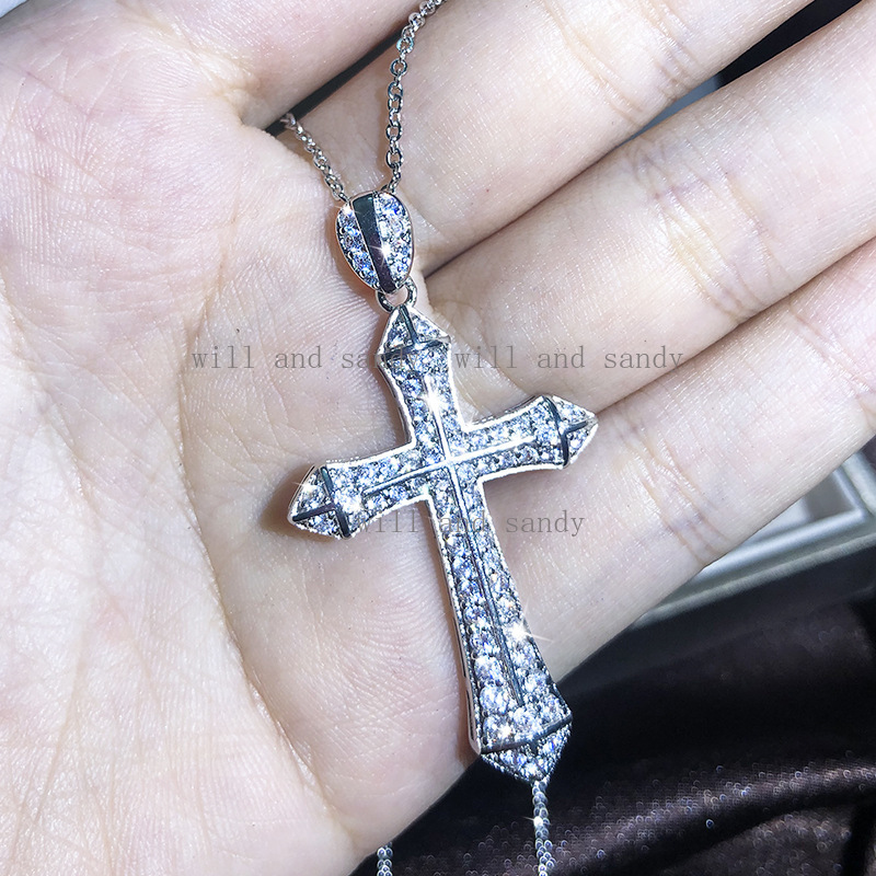 Cubic Zircon Jesus Cross Pendant Necklace Charm Designer Jewelry Chain Sterling Silver Filled Moissanite Crystal Diamond Necklaces for Woman Man Gift 