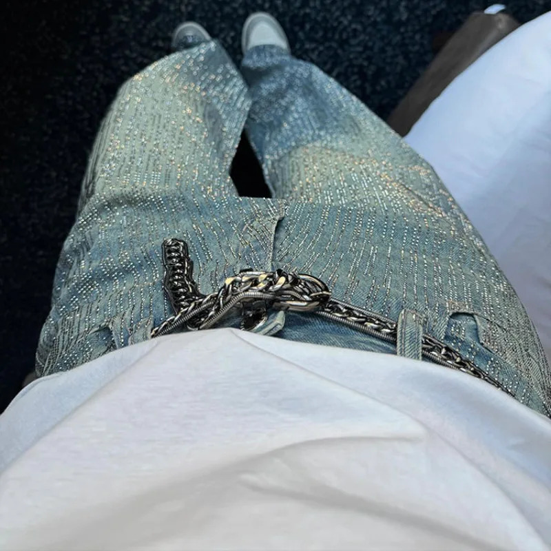 Glitter Rhinestone Baggy Jeans Women Summer Vintage Wash High Waist Straight Wide Leg Pants Nightclub Festival Y2k Clothes 250827