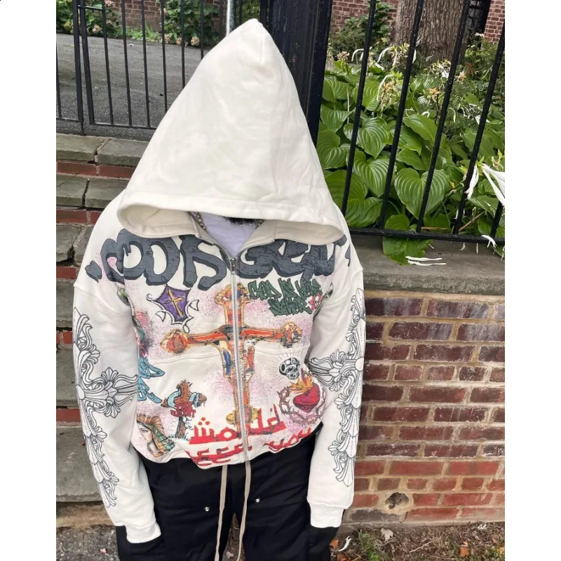 Y2K geometric pattern letter print street hiphop zipper hoodie for men 2024 versatile autumn and winter warm sweatshirt250828