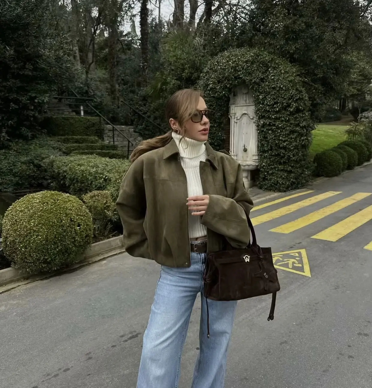 Brown Green Suede Jacket Women Lapel Zipper Long Sleeve Pockets Bomber Coat 2025 Spring Autumn Lady Loose Motorcycle Outwears 250827
