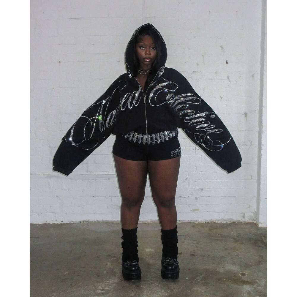 Hip Hop Letters Shine Rhinestone Oversized Zipper Sweatshirt Casual Jacket Vintage 2000S Cropped Y2k Womens Hoodie